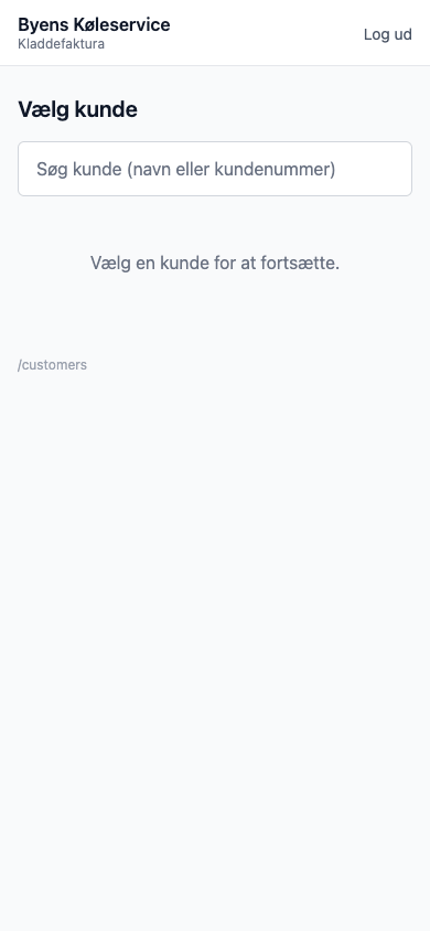 Mobile customer search screen in the Byens Køleservice invoice app