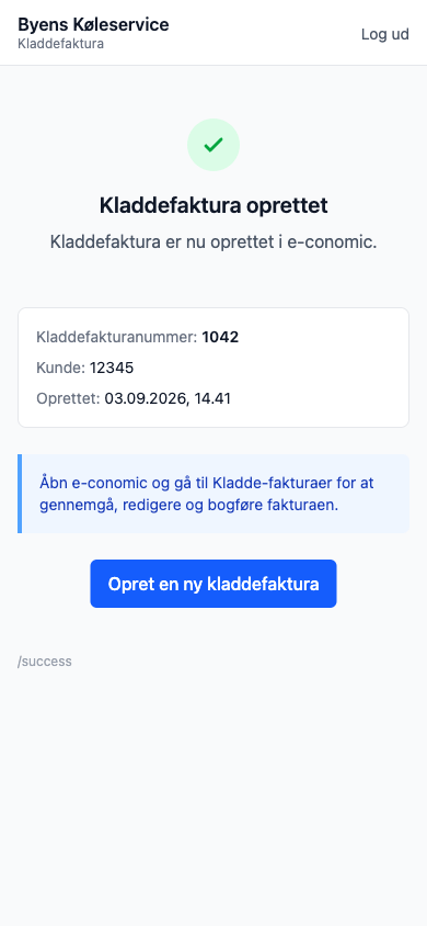 Mobile draft invoice confirmation screen in the Byens Køleservice app