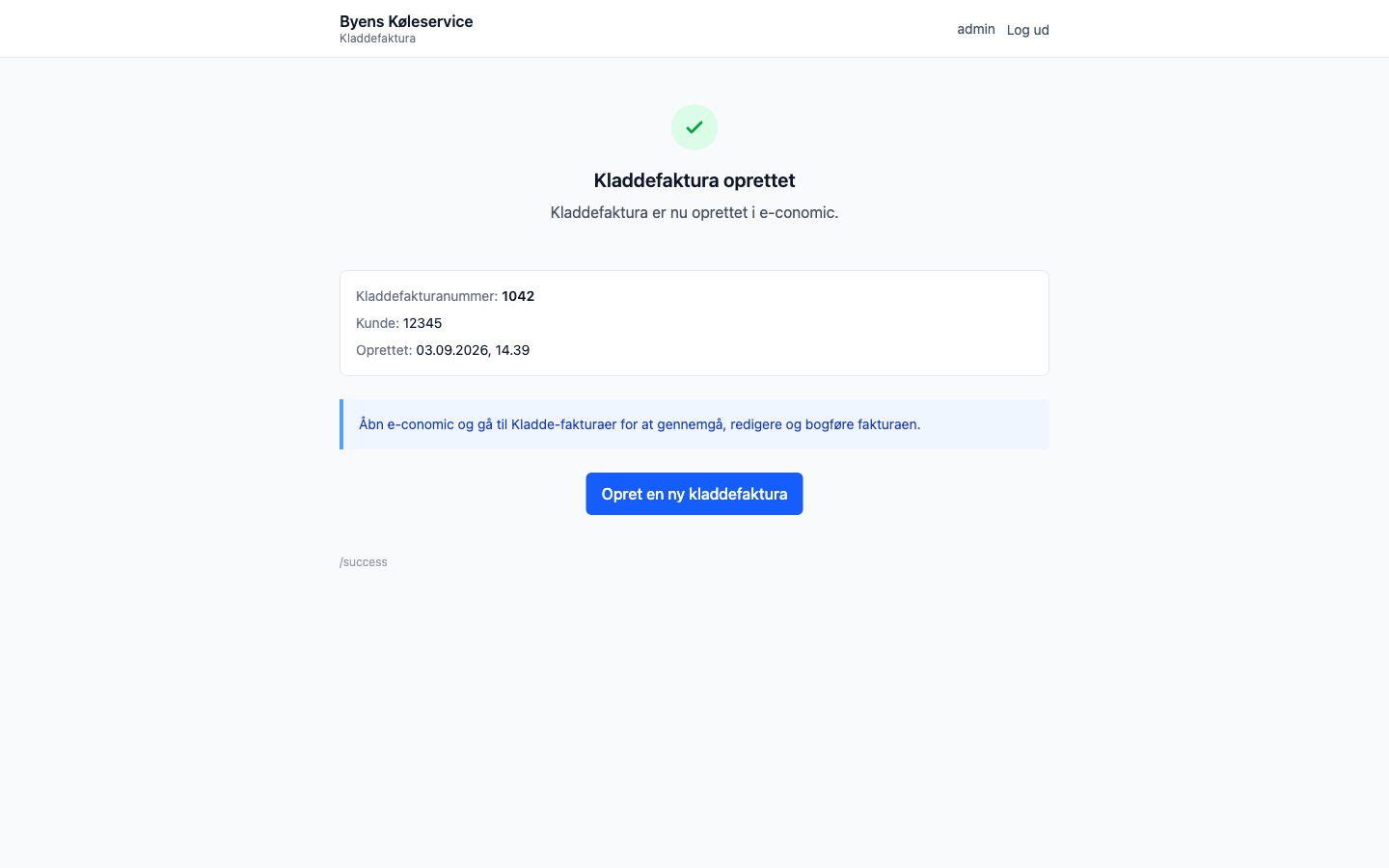 Draft invoice confirmation screen in the Byens Køleservice app