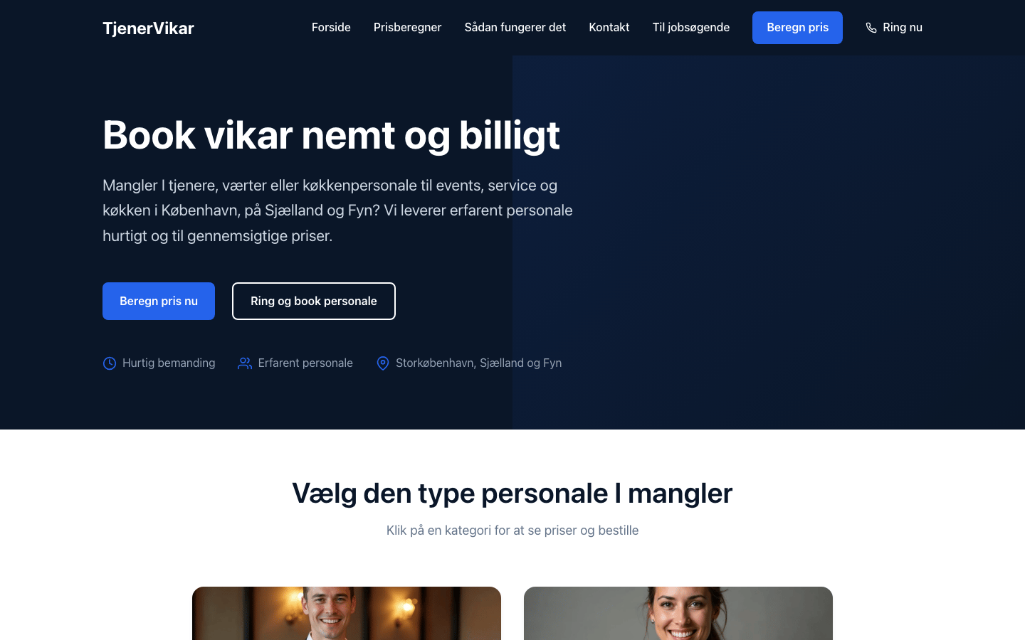 TjenerVikar hospitality staffing platform homepage