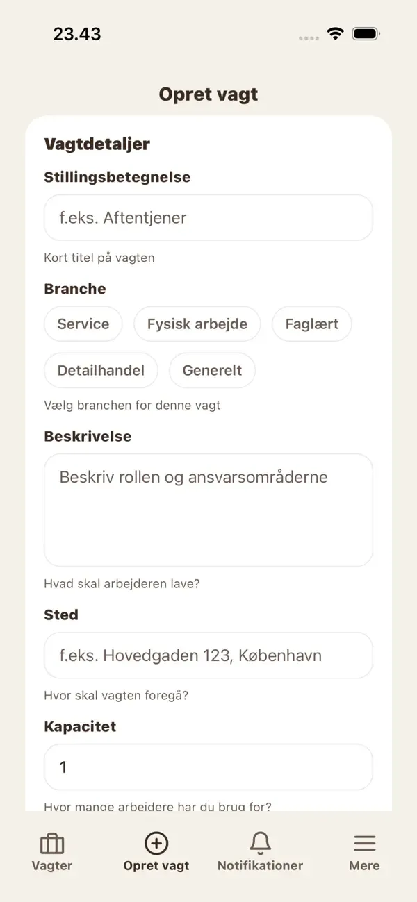 VikarStyrken company shift creation screen from the App Store