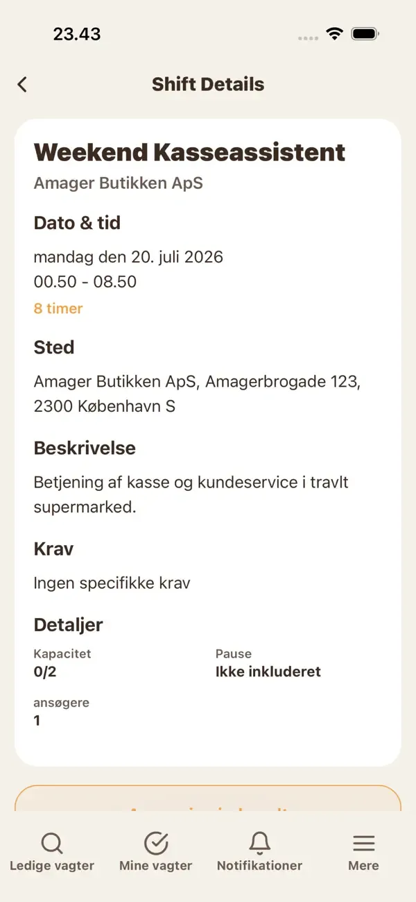 VikarStyrken shift details screen from the App Store
