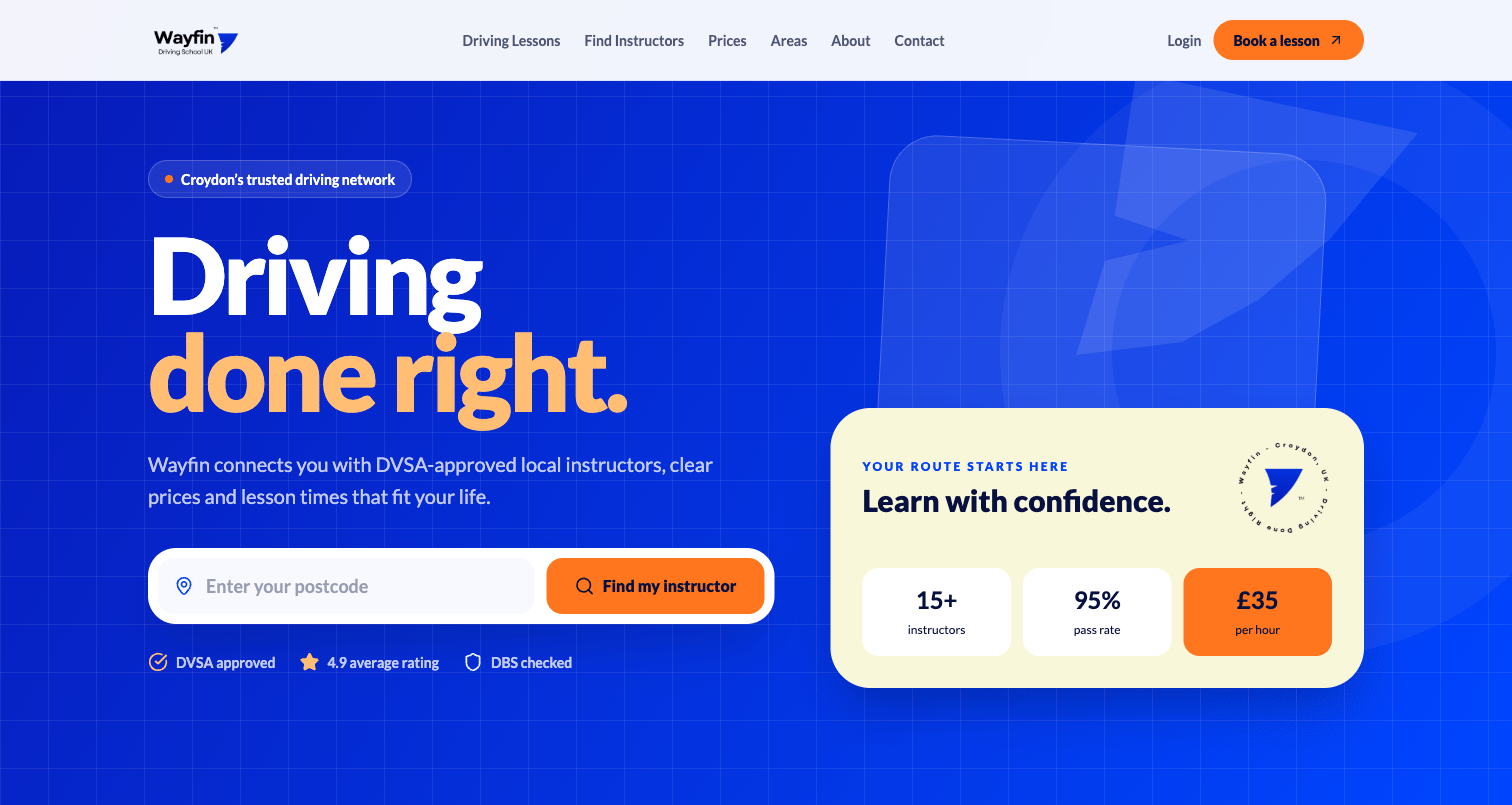 Wayfin homepage with postcode instructor search