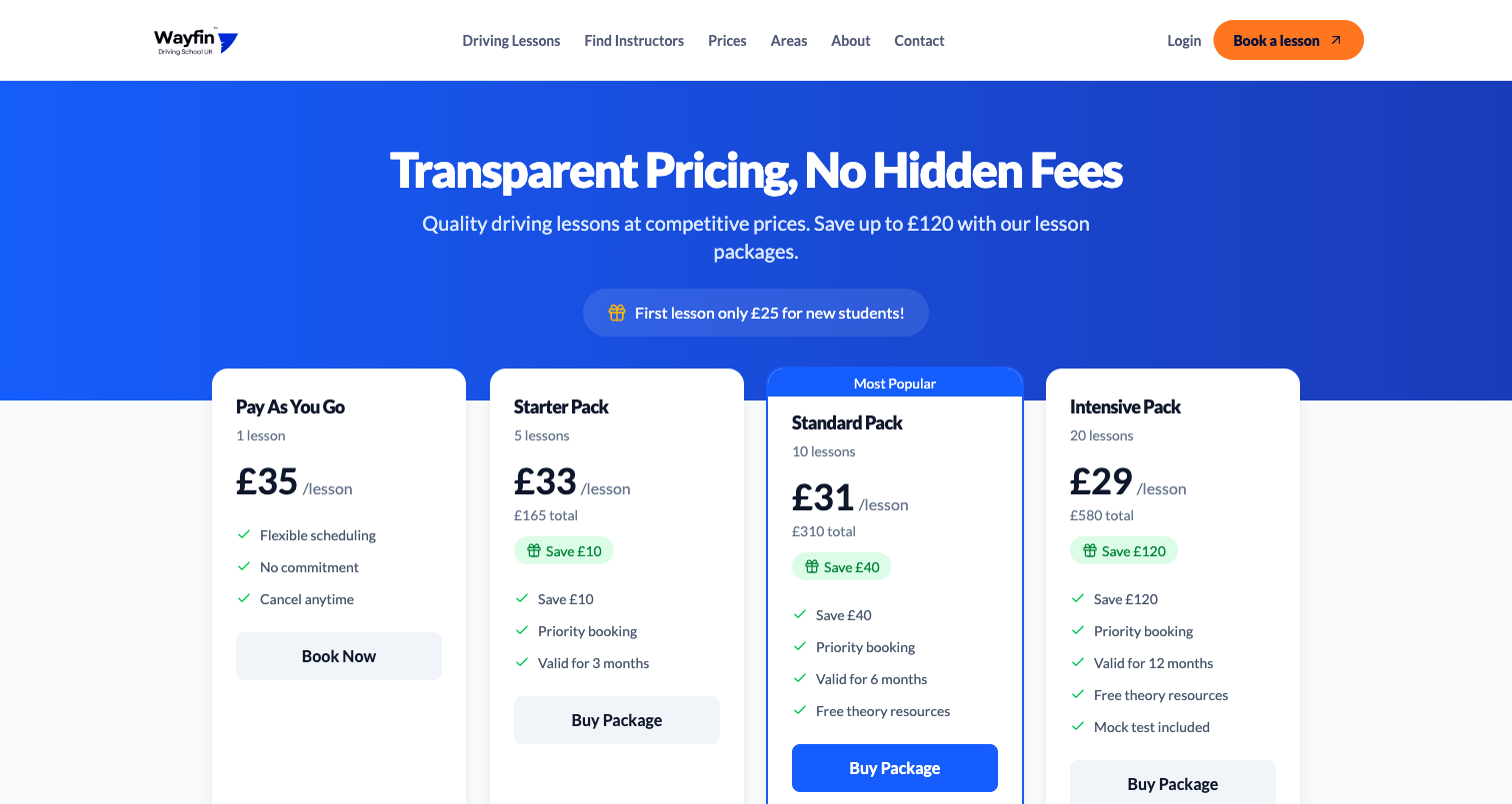 Wayfin driving lesson pricing page